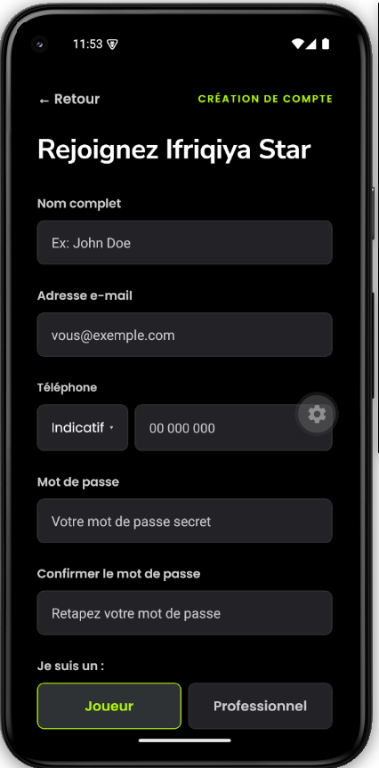 Ecran de creation de compte de l'application Ifriqiya Star